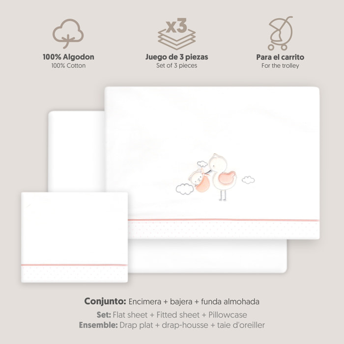 Triptico Coche Cigueña Oso Bco/Rosa