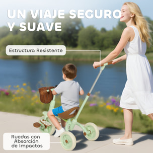 Triciclo para Bebés 2 en 1, Triciclo Evolutivo, 2-5 Años, con Barra Parental Ajustable, Pedales Antideslizantes, Reposapiés Plegables y Cesta, para Niños y Niñas, Verde