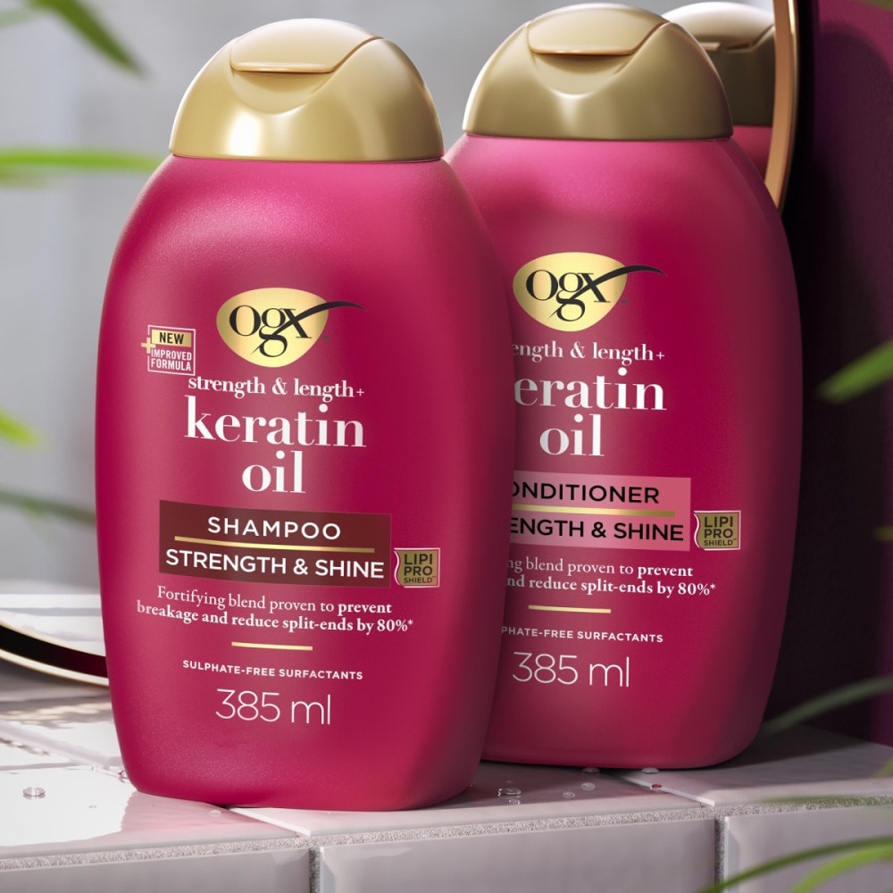 OGX Après-Shampooing Fortifiant Huile de Kératine, 385 ml – Soin capillaire renforçateur pour cheveux abîmés et cassants – Après