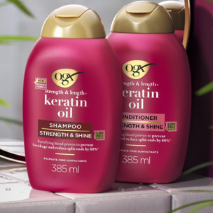 OGX Après-Shampooing Fortifiant Huile de Kératine, 385 ml – Soin capillaire renforçateur pour cheveux abîmés et cassants – Après