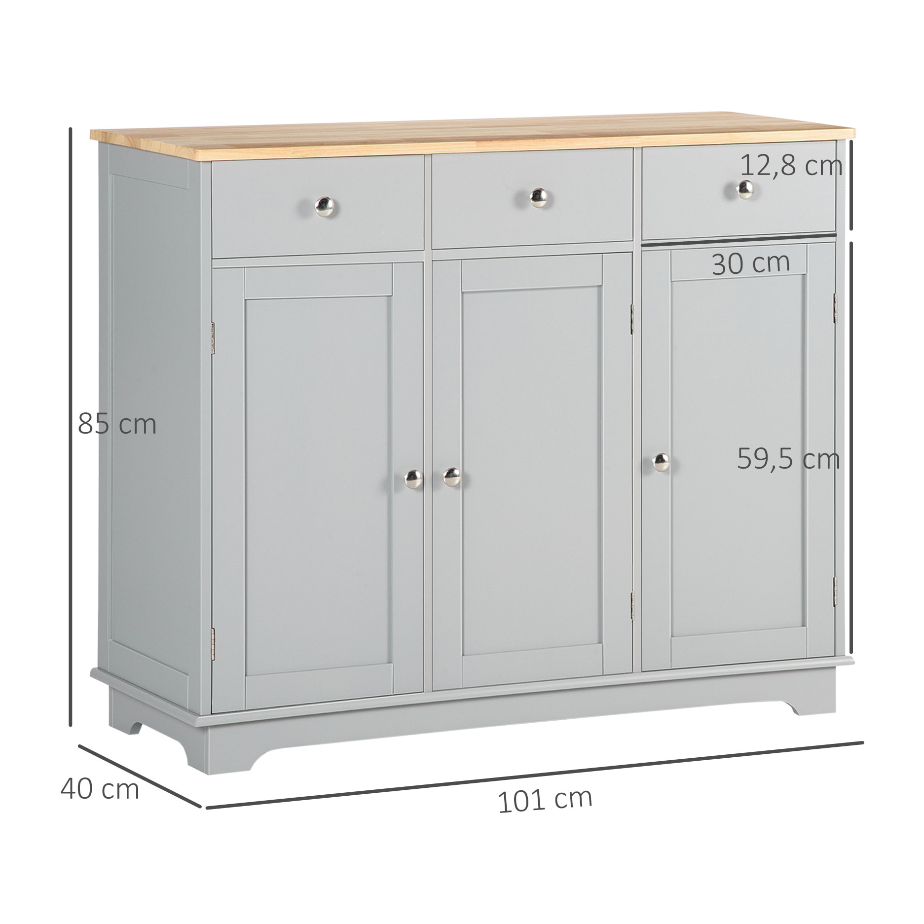 Aparador de Cocina con 3 Cajones 3 Puertas y Estantes Ajustables Mueble Auxiliar de Almacenaje para Comedor Salón Estilo Moderno Antivuelco 101x40x85 cm Gris