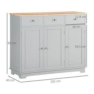 Aparador de Cocina con 3 Cajones 3 Puertas y Estantes Ajustables Mueble Auxiliar de Almacenaje para Comedor Salón Estilo Moderno Antivuelco 101x40x85 cm Gris