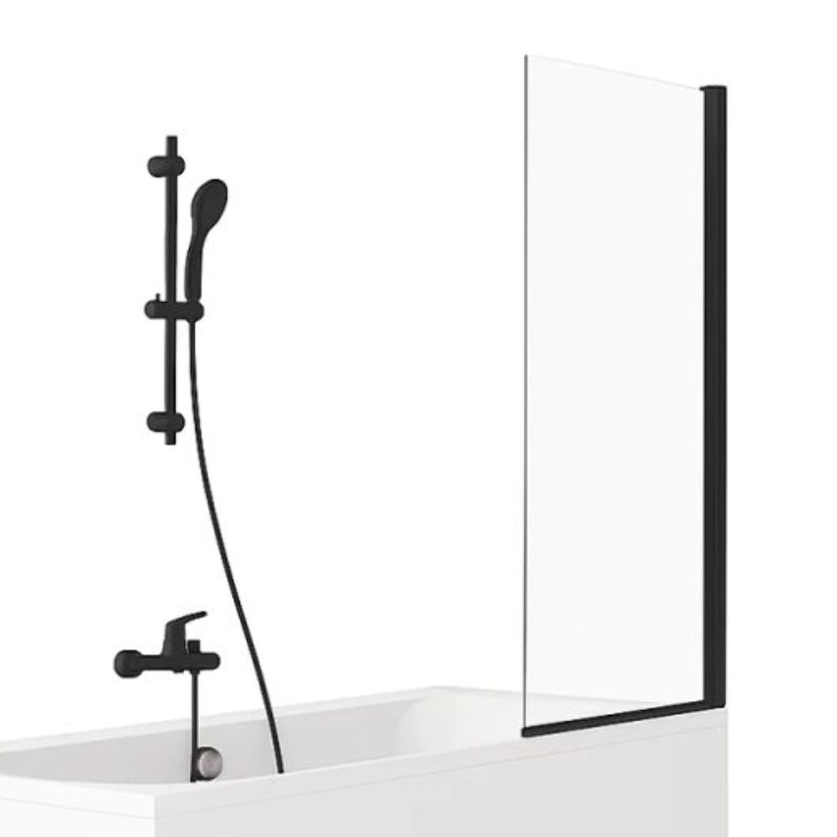 Pack baignoire droite 170 x 75 Elise + tablier angle + pommeau et mitigeur bain noir Aimé + pare bain noir + vidage