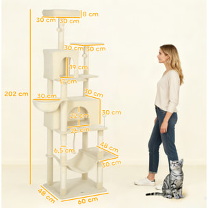 Árbol Rascador para Gatos, Árbol para Gatos 202 cm, Torre Escalador con Plataformas, Cama, Cuevas, Postes de Sisal, Bolas y Cuerda para Jugar, Beige