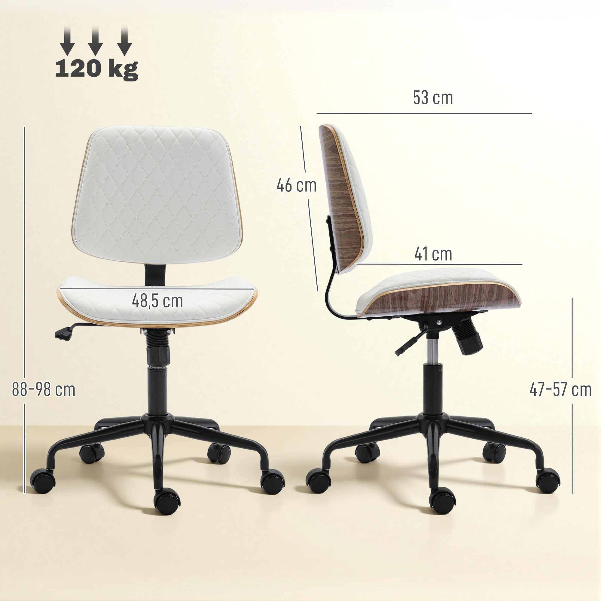 Silla de Escritorio sin Brazos, Silla de Oficina Giratoria, Tapizada en Cuero Sintético, con Respaldo Curvado, Asiento Forma U, Altura Ajustable, Basculante, Blanco