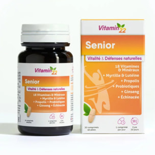 VITAMN' 22 - Senior - Soutient le capital osseux & le Confort Visuel - Vitalité, Tonus & Défenses Naturelles - Zinc, Fer, Propolis, Magnésium, Vitamines C, B et D3, Probiotiques, Lutéine, Ginseng & Échinacée - Cure 30j