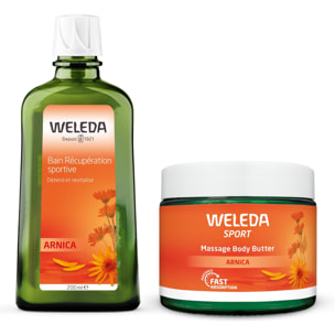 WELEDA - Duo Instant Cocooning - Bain Récupération Sportive + Baume Massage Arnica - Vegan*- Certifié Natrue**- Flacon verre 200ml + Pot verre 150ml