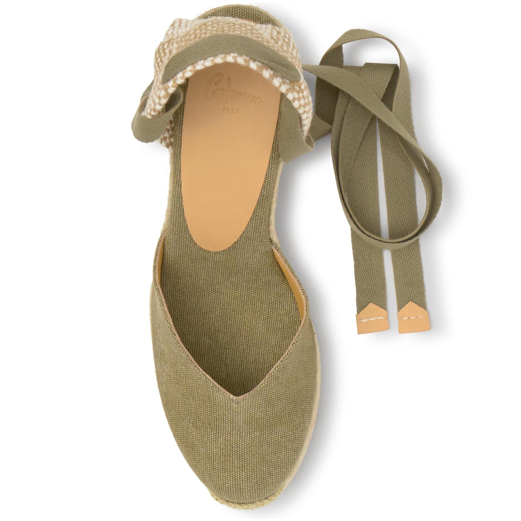 Alpargata con cuña 8 cm en lona de algodón con pala en v y cintas al tobillo