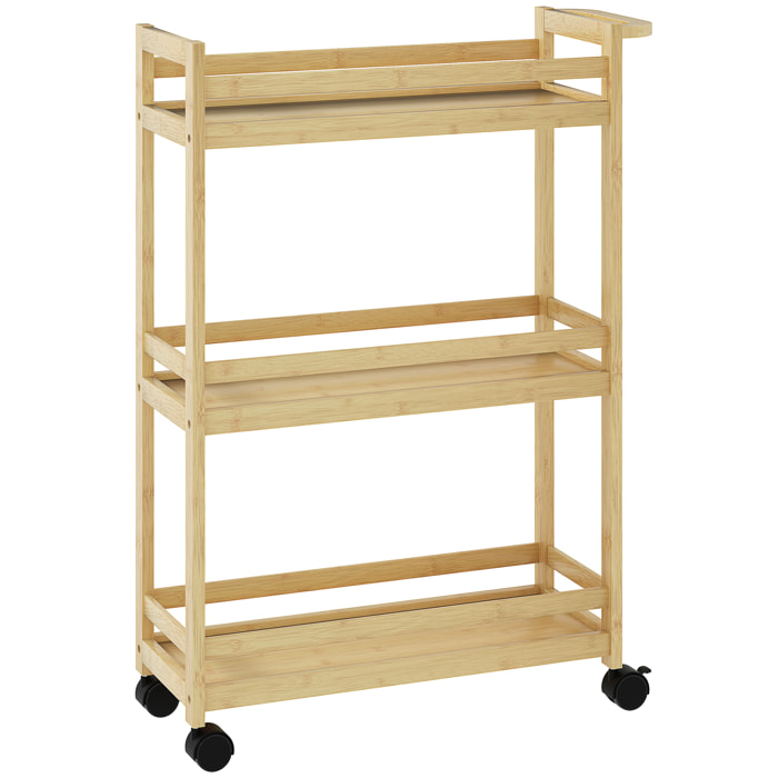 Estantería de Baño de Bambú de 3 Niveles Carrito Auxiliar de Almacenaje con Ruedas para Salón Cocina 55x20x75 cm Natural