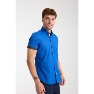 camicia uomo slim 1 bottone button down doppio collo Popeline Stretch Unito Bluette