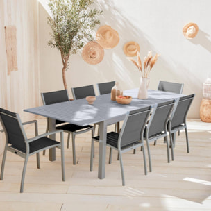 Table de jardin extensible aluminium + 8 assises - Chicago Gris - Table en aluminium 175/245cm avec rallonge et 8 assises en textilène