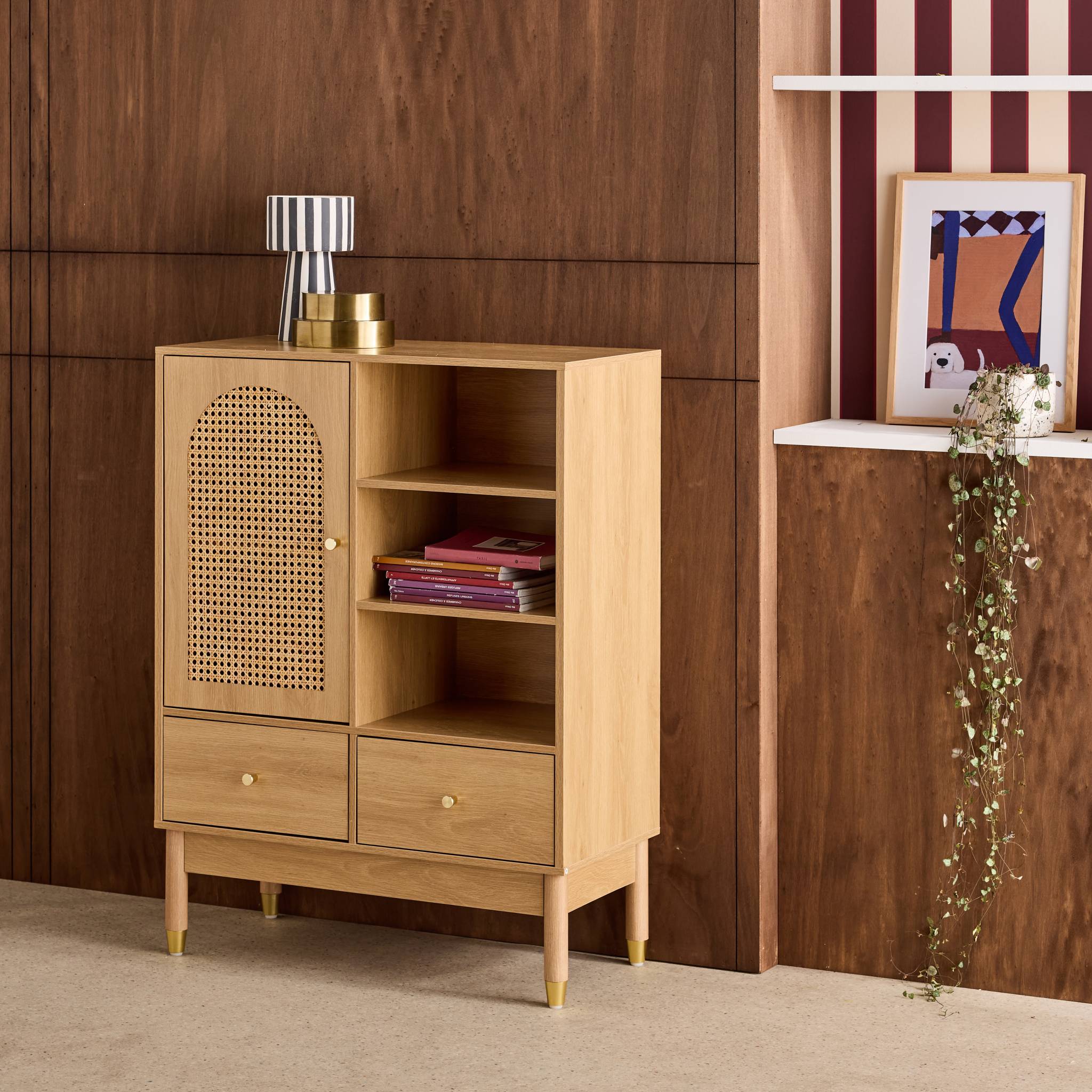 Buffet décor bois et cannage 1 porte 75cm JUDITH