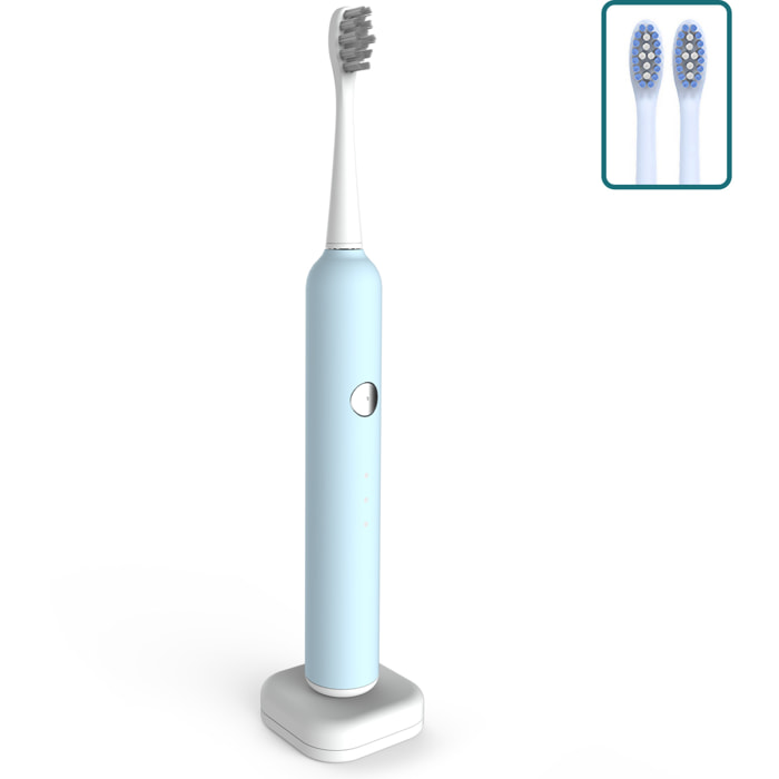 Cepillo de dientes eléctrico con batería recargable y 3 cabezales. Carga inalámbrica inductiva.