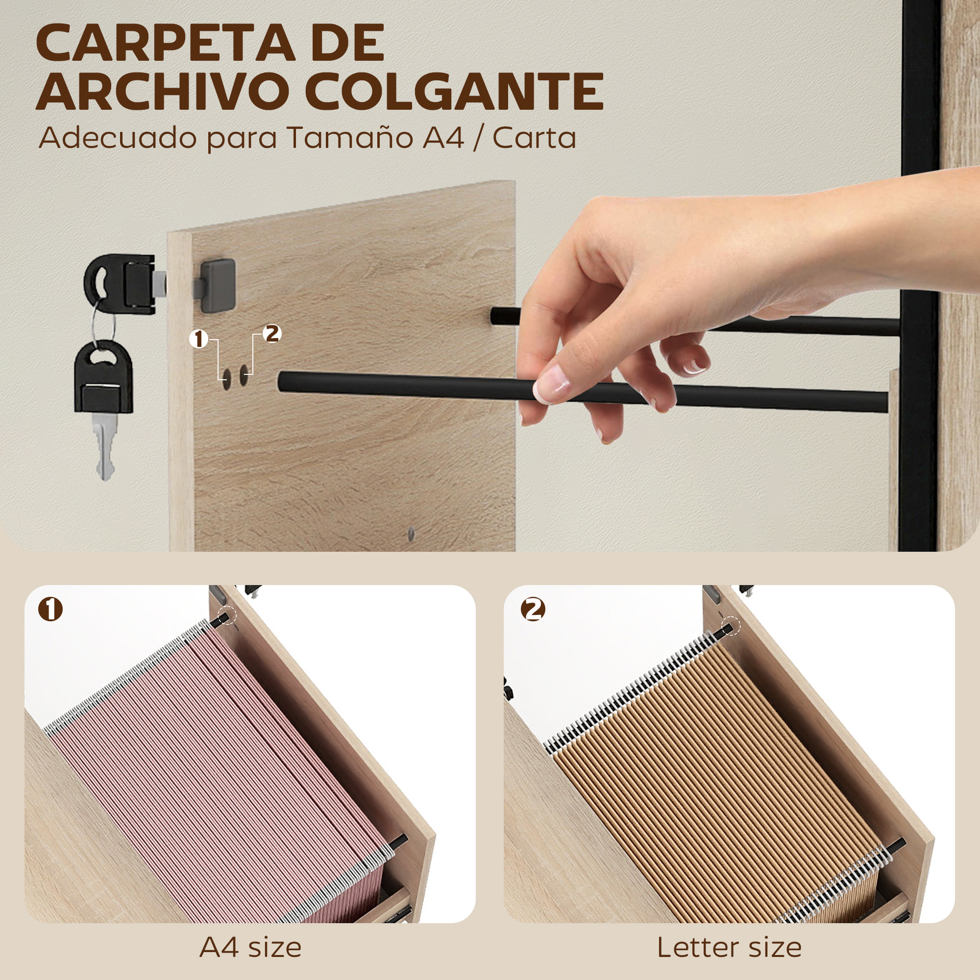 Cajonera de Oficina con 2 Cajones, Cajonera de Escritorio con Ruedas, Barra Colgante, Cerradura y 2 Llaves para A4 Carta, Archivador Móvil para Estudio, 44x40x66,5 cm, Natural