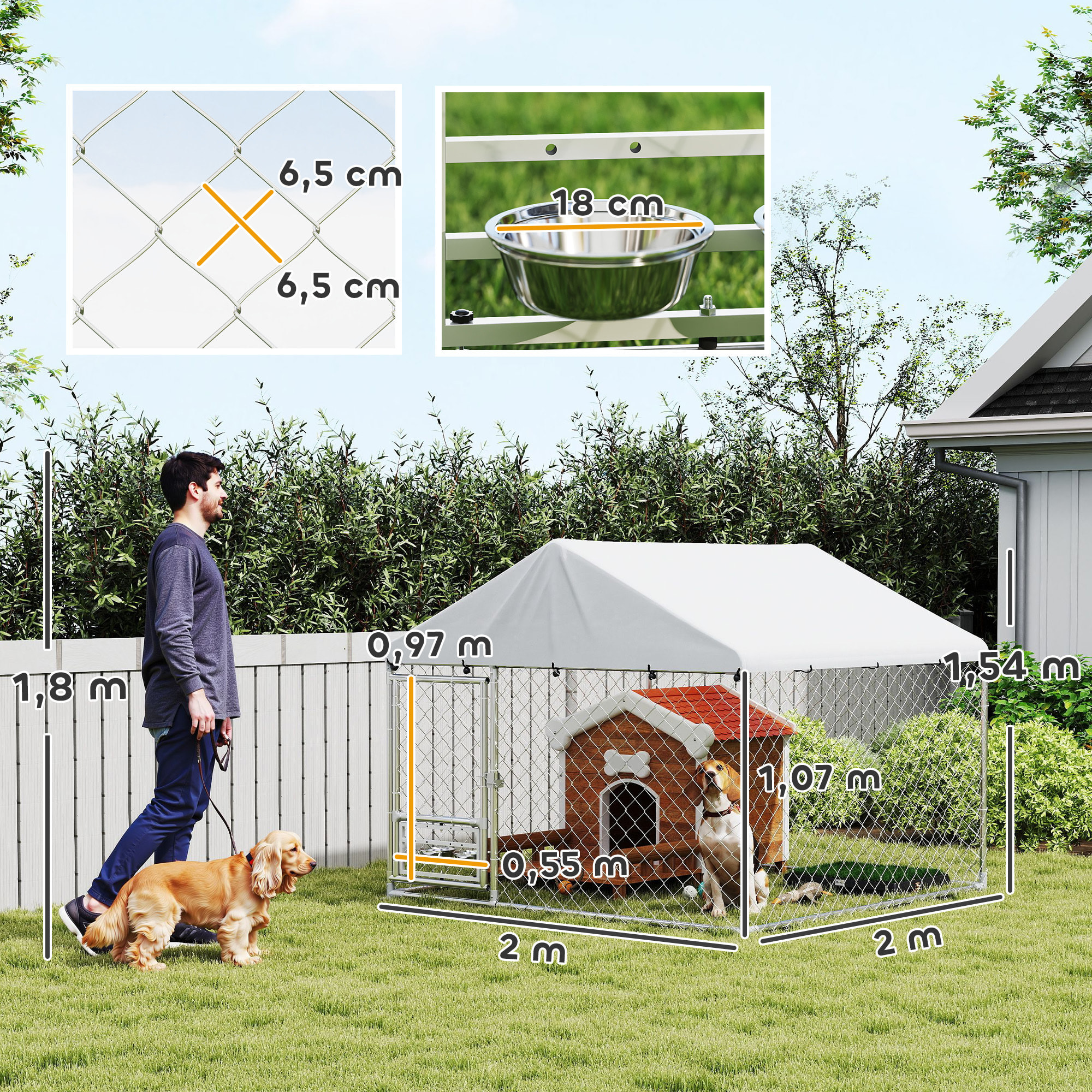 Perrera de Exterior con Techo 2x2x1,55 m Jaula para Perros de Acero Galvanizado con Techo Impermeable Soporte para Comida Giratorio y Ajustable 2 Cuencos para Perros Medianos y Pequeños
