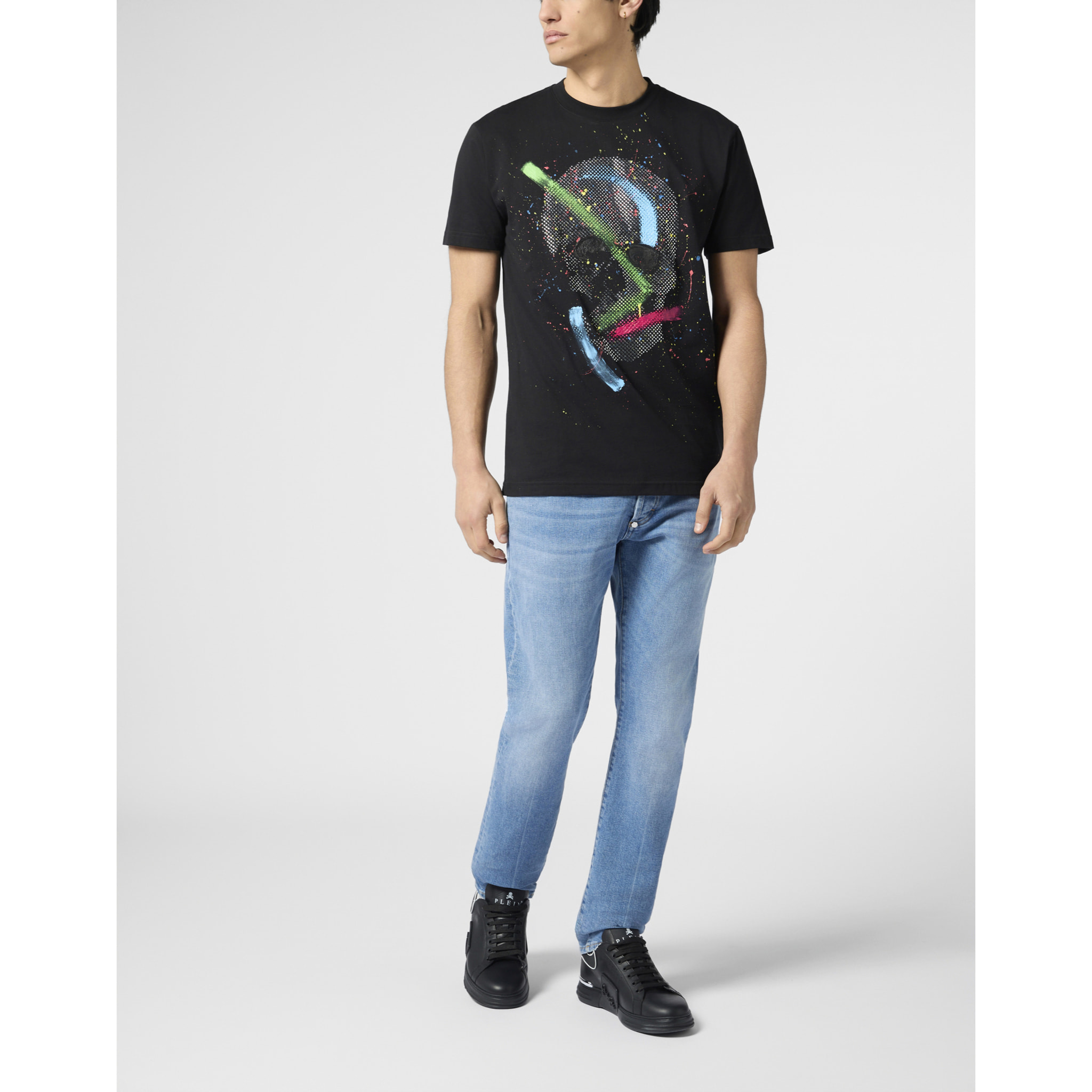 PHILIPP PLEIN Round Neck T-Shirt Paint Splash Skull