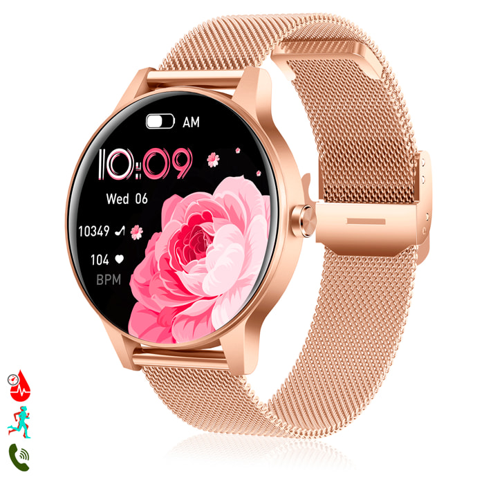Smartwatch QS80 con llamadas BT, notificaciones push. Monitor deportivo y de salud. Correa de metal.