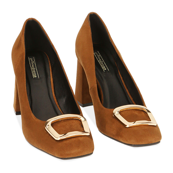 Décolleté cognac in microfibra, tacco 8 cm