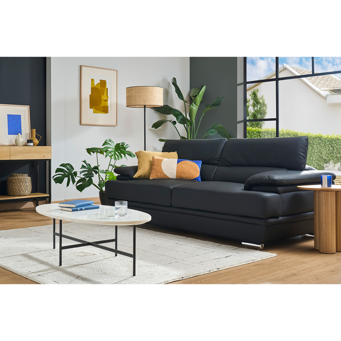Canapé design avec têtières ajustables 3 places cuir noir et acier chromé EWING
