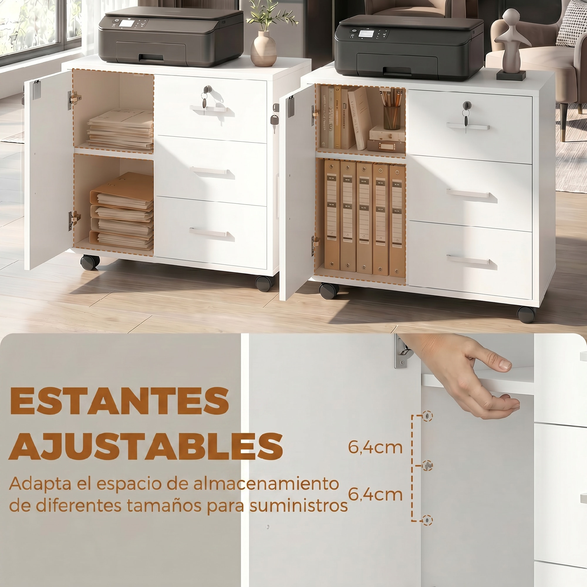 Mueble para Impresora con Ruedas, Mesa para Impresora con Puerta y 3 Cajones, Cerraduras, Estante Ajustable, Archivador Móvil para Oficina en Casa, 60x40x56 cm, Blanco