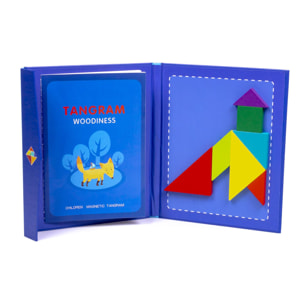 Libro con Tangram magnetico in legno. Include 96 sfide e le loro soluzioni.