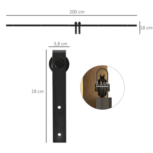 Herraje para Puerta Corredera 200 cm Kit de Accesorios para Puerta Corrediza de Madera con 2 Rieles de Acero al Carbono Carga 40 kg 200x0,4x18 cm Negro