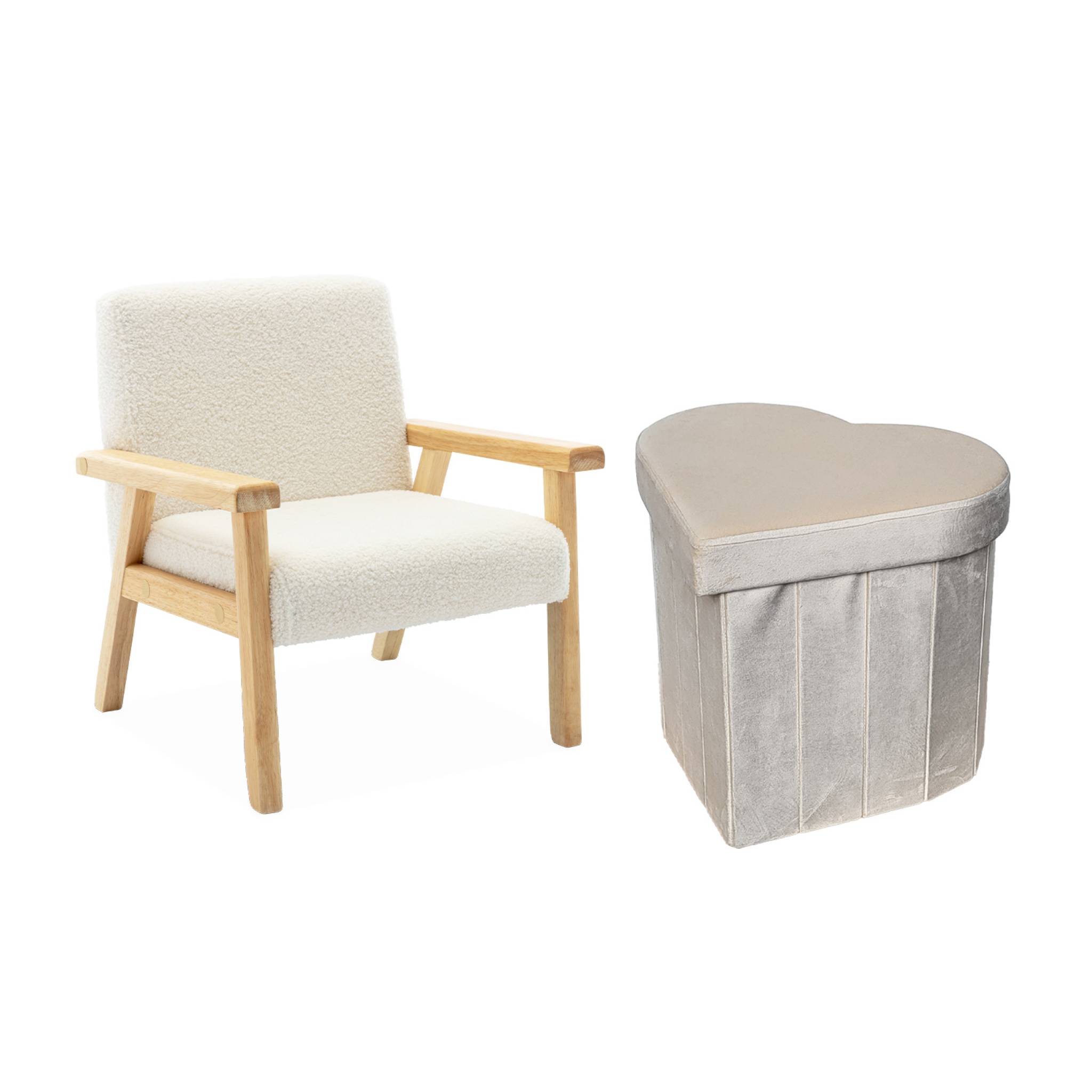 Lot de 2 tabourets-coffre pliables pour enfant avec assise en velours beige et en forme de cœur