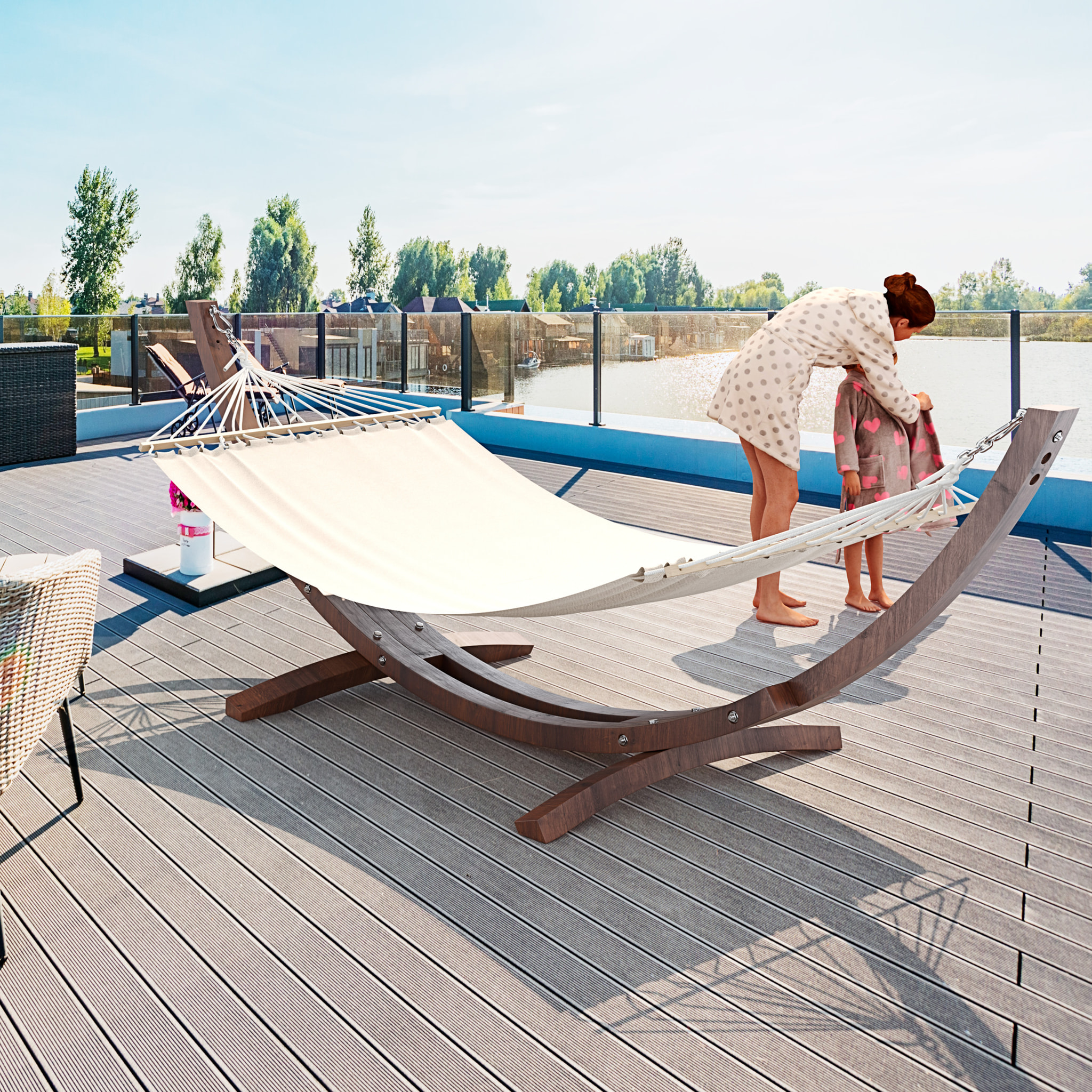 Amaca Da Giardino Supporto Legno Robusto Telo Cotone Resistente Portata Max 150 Kg Esterno Terrazzo Balcone Piscina Design 320 x 100 x 100 Cm Beige