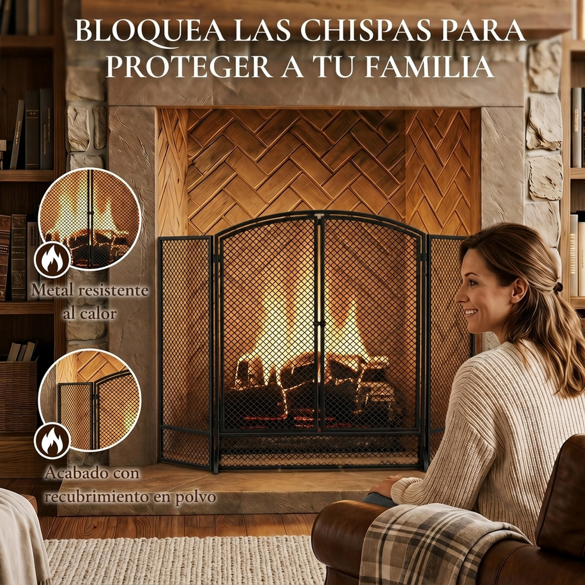 Salvachispas para Chimenea Plegable de 3 Paneles con Doble Puerta, Protector de Chimenea de Metal, Resistente al Calor, para Salón, Hogar, 122x75 cm, Negro