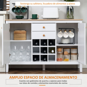 Aparador de Cocina Moderno con 2 Cajones 2 Puertas Estantes Ajustables y Botellero para 9 Botellas Mueble Auxiliar de Almacenaje para Comedor Salón 110x35x75 cm Blanco