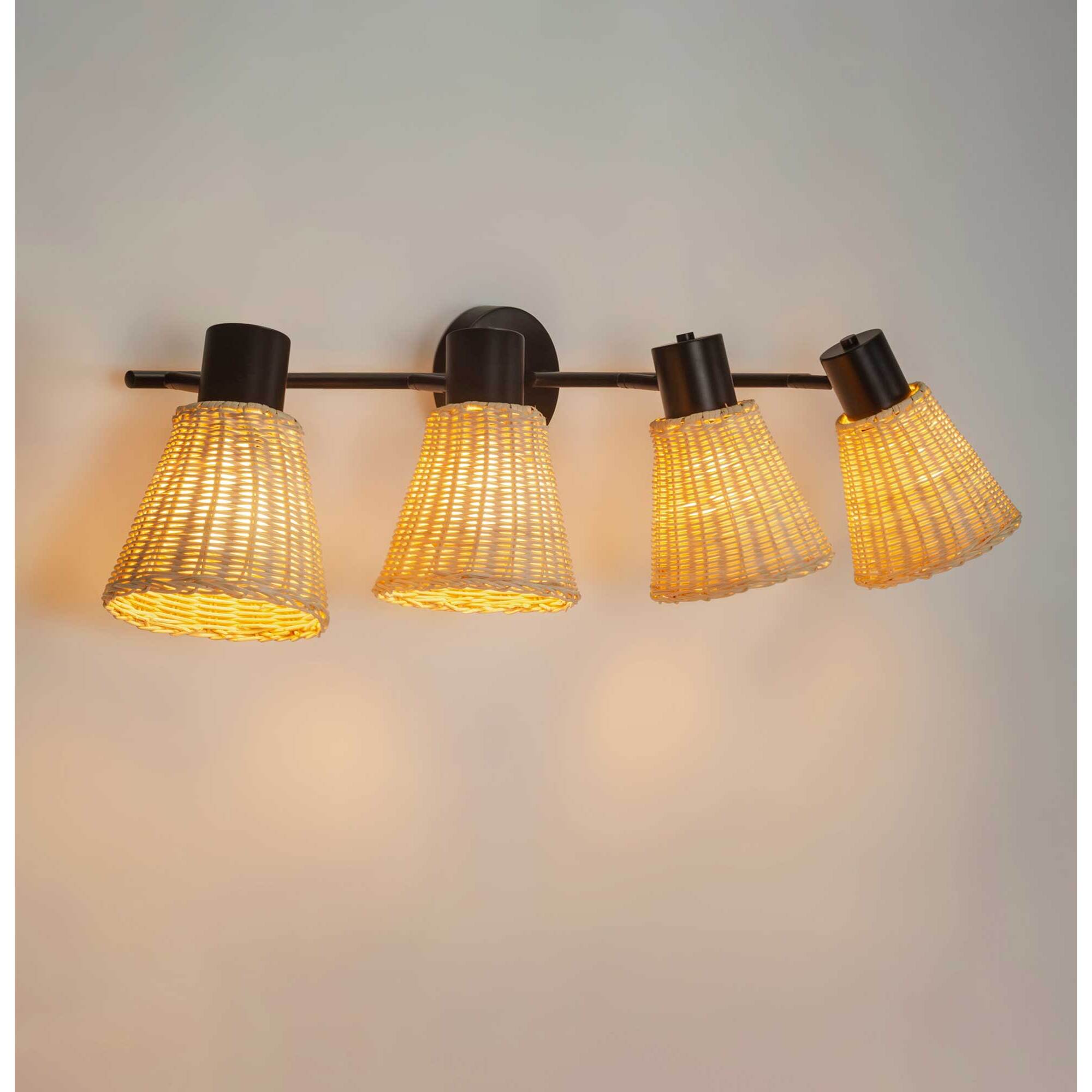 FORLIGHT Nature plafón con 4 focos en negro y rattan natural para bombilla E27