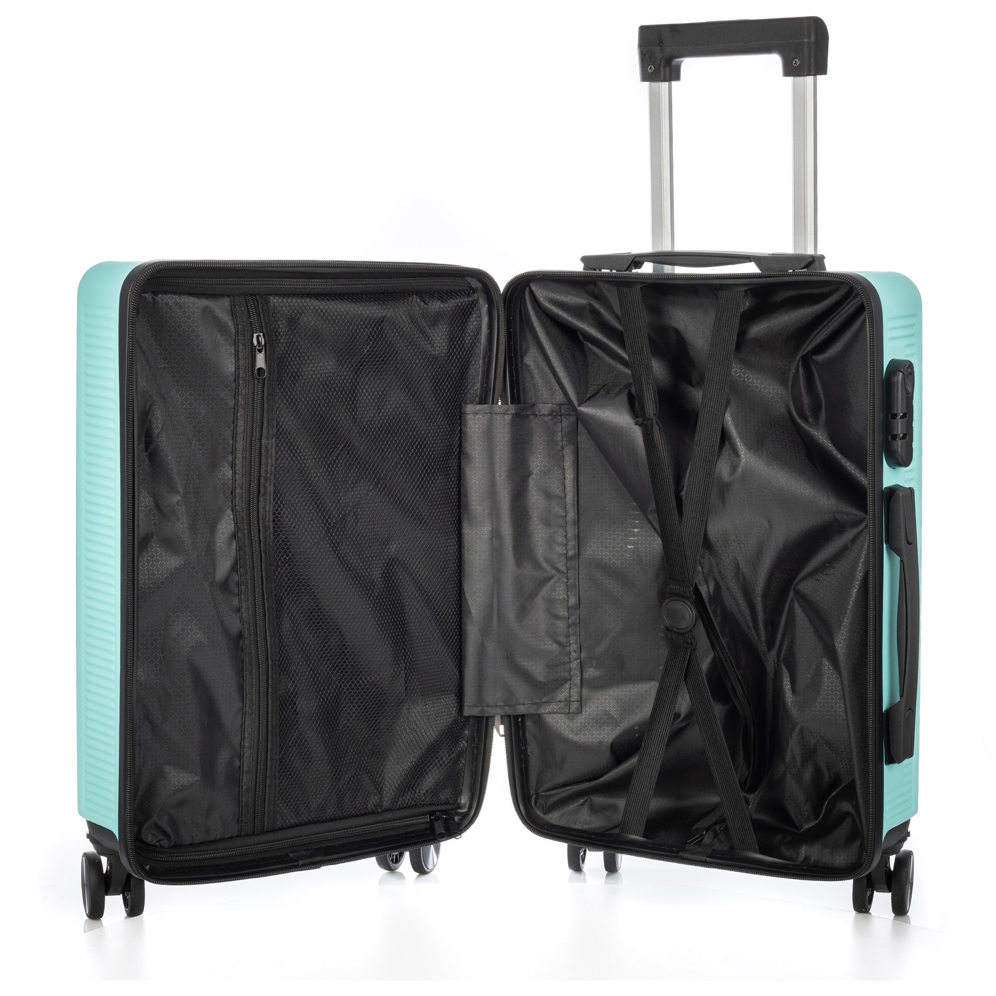 DAM Juego de 3 maletas Trolley, en material ligero ABS de alta resistencia. Cerradura numérica y 4 ruedas dobles extraíbles y giratorias 360°. 50x29x76 Cm. Color: Verde Aguamarina