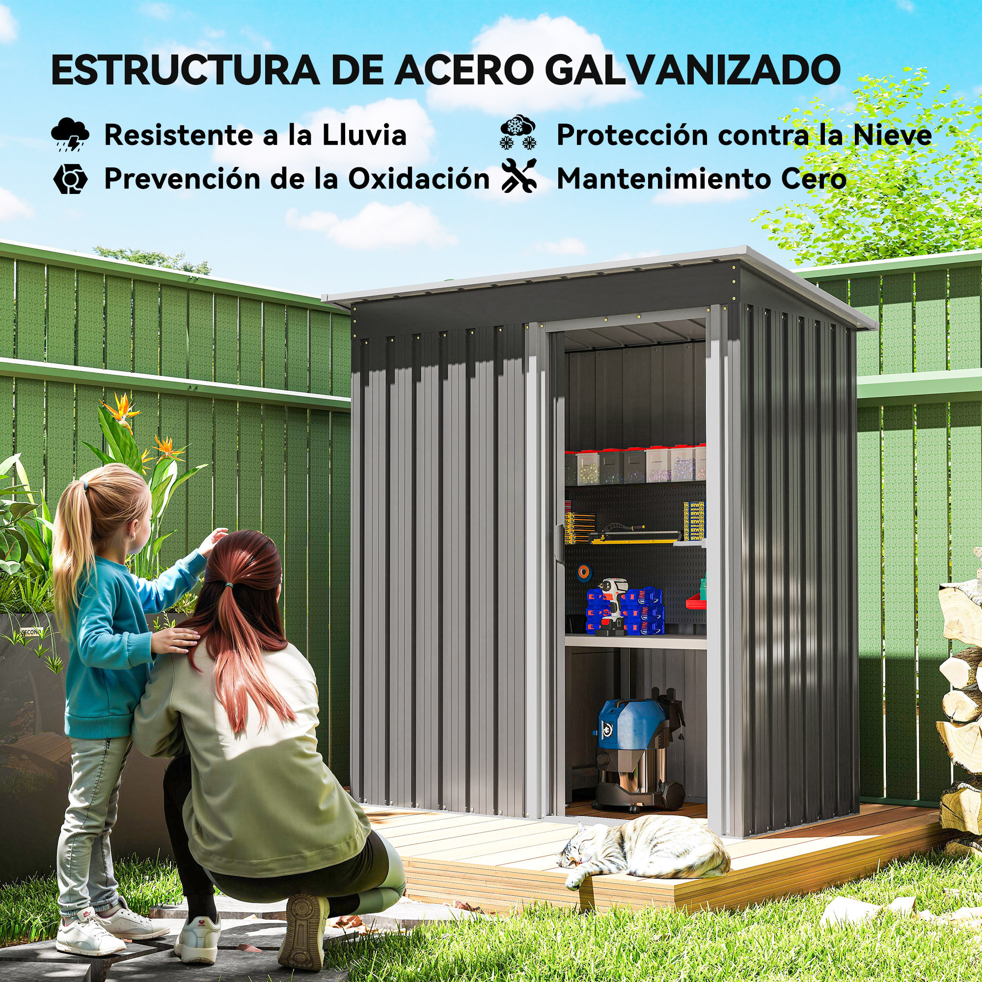 Caseta de Jardín Exterior, 1,16 m², 163x89x182 cm, Cobertizo de Jardín Exterior Metálico con Puerta Corredera y Techo Inclinado, para Almacenamiento de Herramientas, Gris