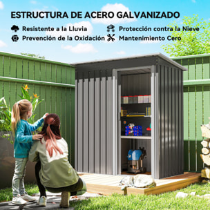 Caseta de Jardín Exterior, 1,16 m², 163x89x182 cm, Cobertizo de Jardín Exterior Metálico con Puerta Corredera y Techo Inclinado, para Almacenamiento de Herramientas, Gris
