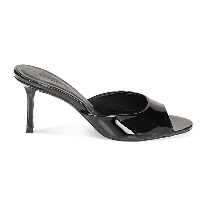 Mules Open Toe nere in vernice, tacco 7,5 cm