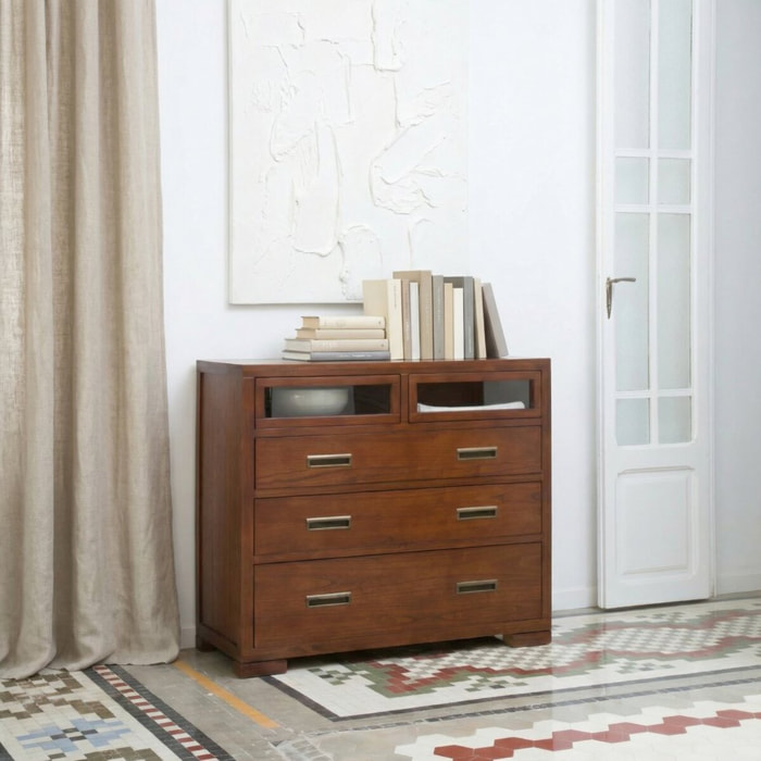 Commode Kenia -bois massif de mindi et placage naturel de mindi-couleur teck 110 x 95 x 45 cm