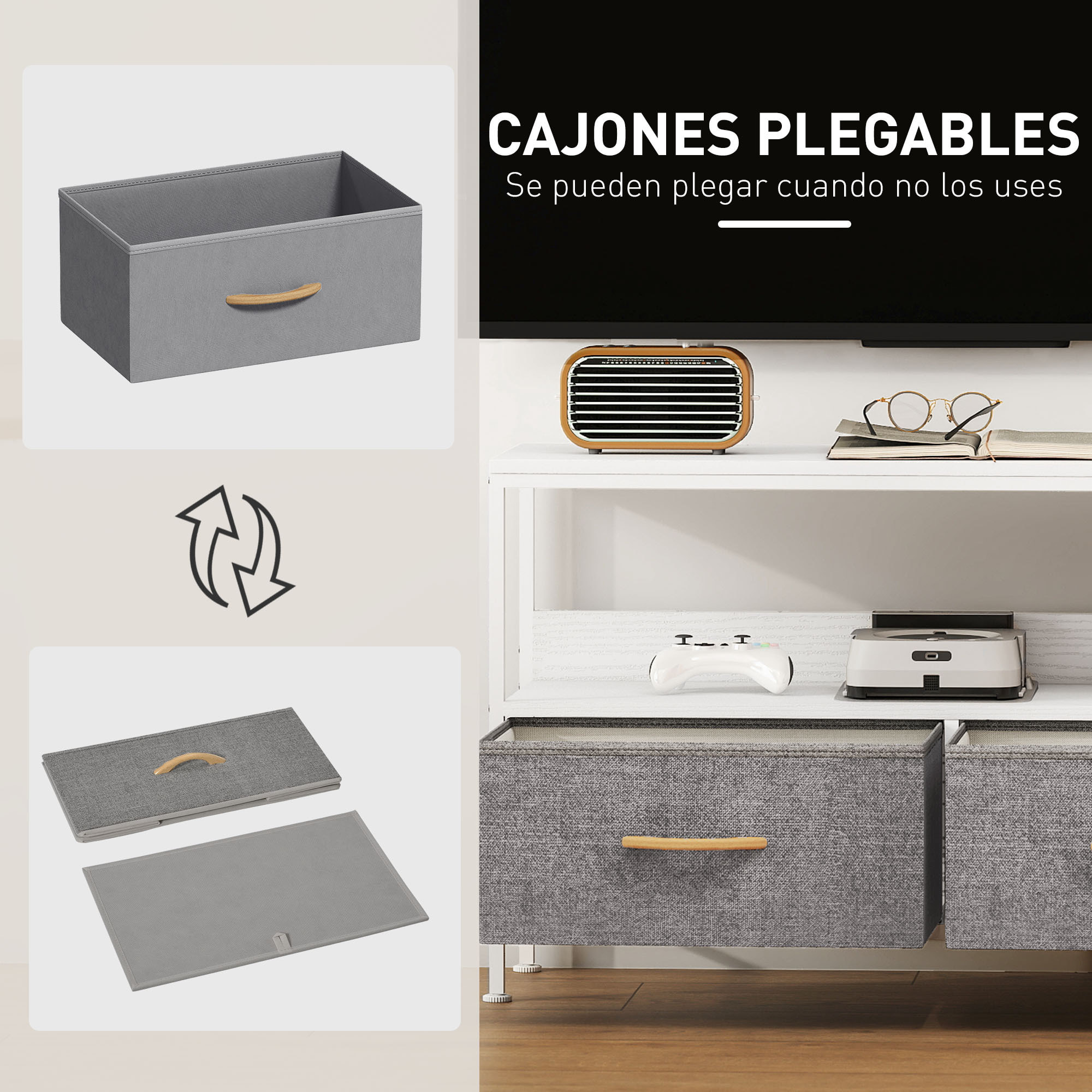 Mueble de TV, Mesa de TV con Estante y 2 Cajones de Tela Plegables, para Televisores hasta 47 Pulgadas, Largo de 98 cm, para Salón, Dormitorio, Blanco y Gris