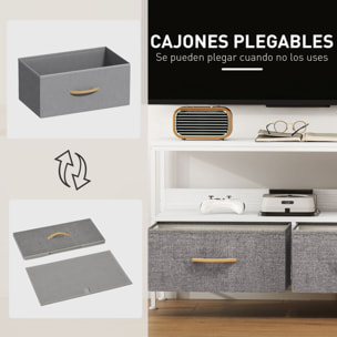 Mueble de TV, Mesa de TV con Estante y 2 Cajones de Tela Plegables, para Televisores hasta 47 Pulgadas, Largo de 98 cm, para Salón, Dormitorio, Blanco y Gris
