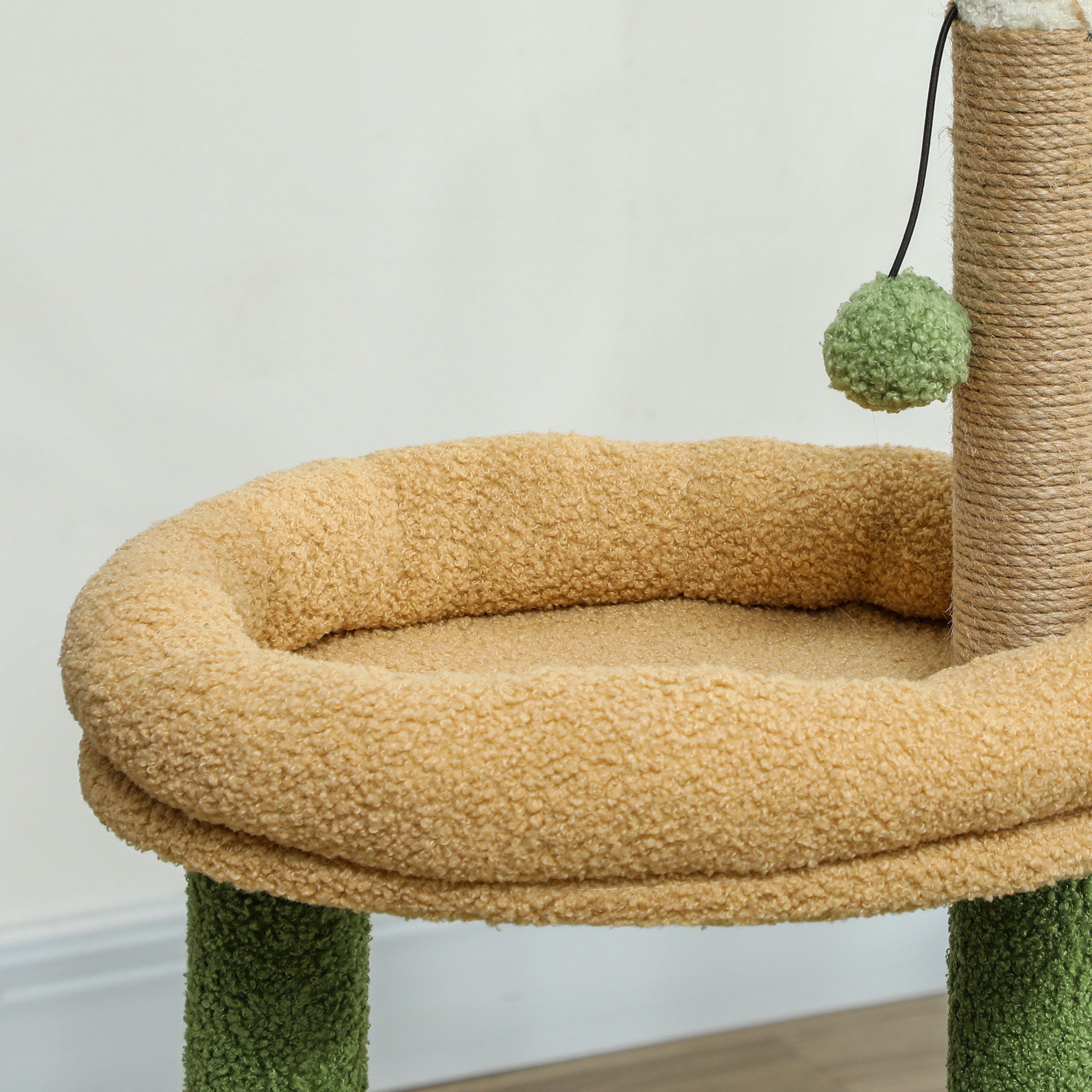 Árbol Rascador para Gatos 98 cm, Torre para Gatos con Hojas Artificiales, Cueva, Cama, Postes Rascadores, 2 Bolas de Juguete, Cubierto de Terciopelo, Verde
