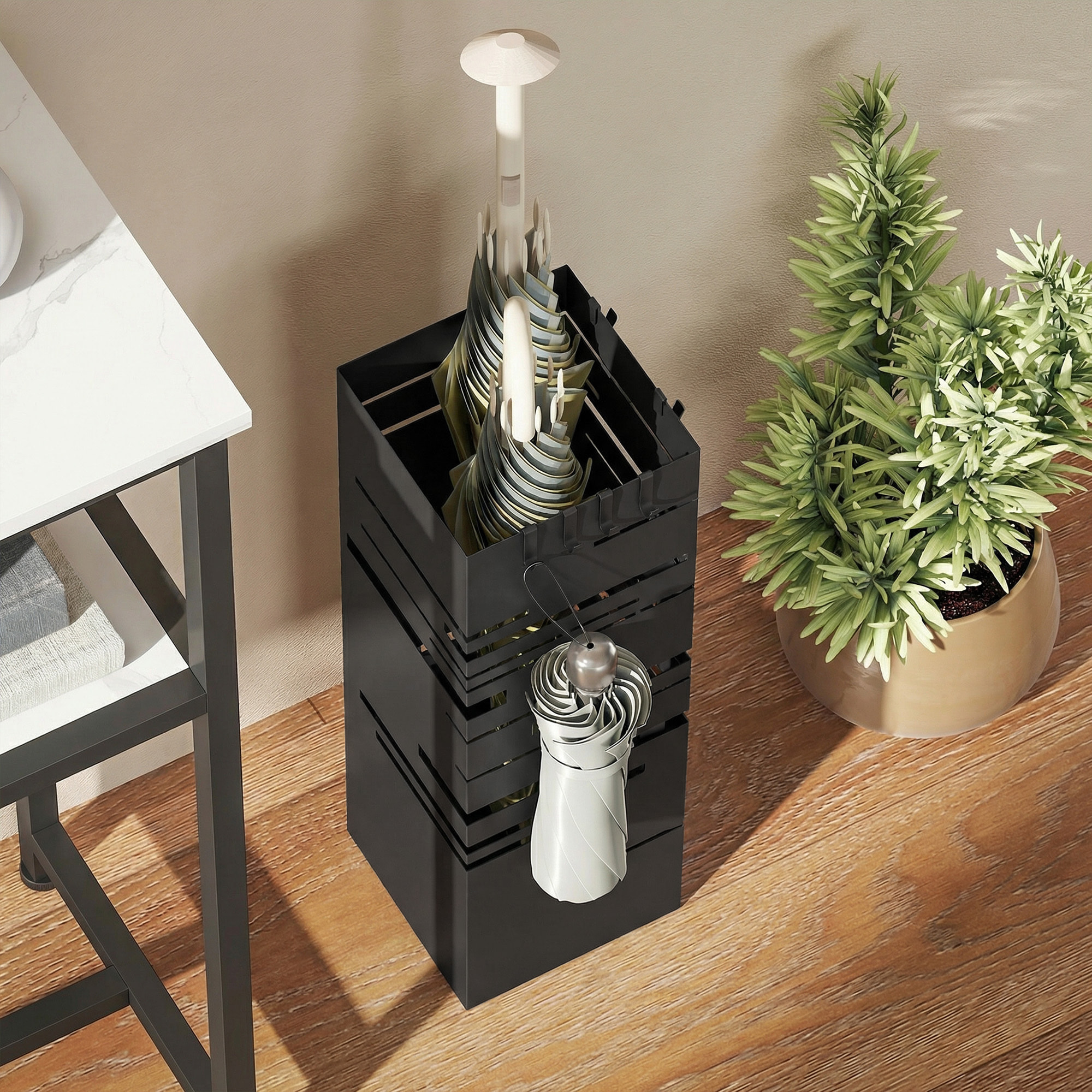 ParagÃƒÂ¼ero Metálico, Soporte de Paraguas con 4 Ganchos y Bandeja de Goteo Extraíble, ParagÃƒÂ¼ero Negro para Entrada, Oficina, 15,5x15,5x49 cm