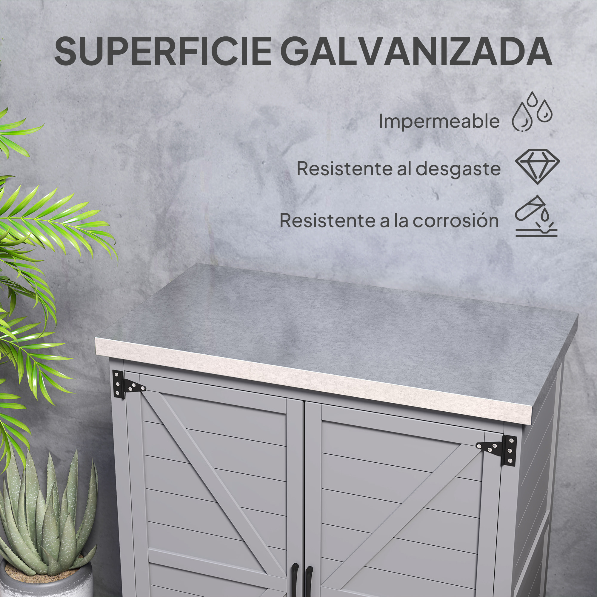 Armario de Exterior de Madera, Caseta de Jardín Exterior con Techo de Acero Galvanizado, Estante, 2 Puertas, Cobertizo de Jardín para Almacenamiento de Herramientas, 79x43x92 cm, Gris