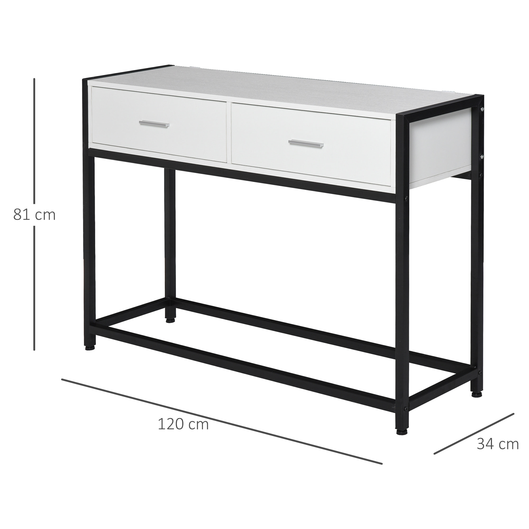 Mesa de Consola 120x34x81 cm Mesa de Entrada con 2 Cajones y Pies Ajustables Mueble Recibidor de Estilo Moderno para Pasillo Salón Blanco y Negro