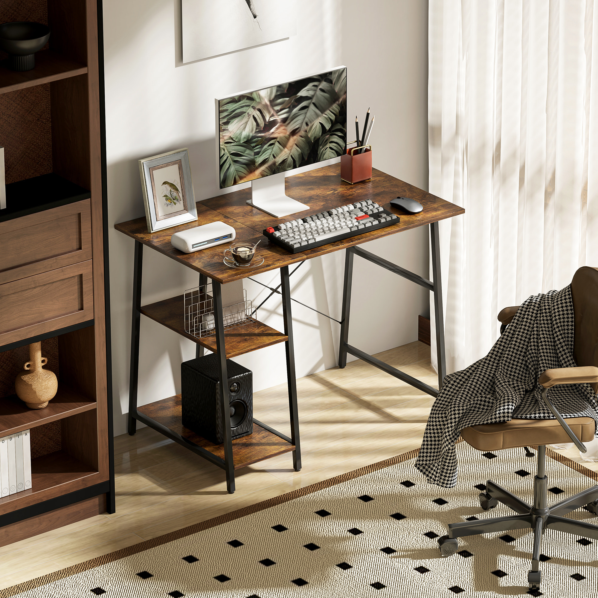 Bureau style industriel 2 étagères dim. 120 x 60 cm châssis métal noir effet bois vieilli