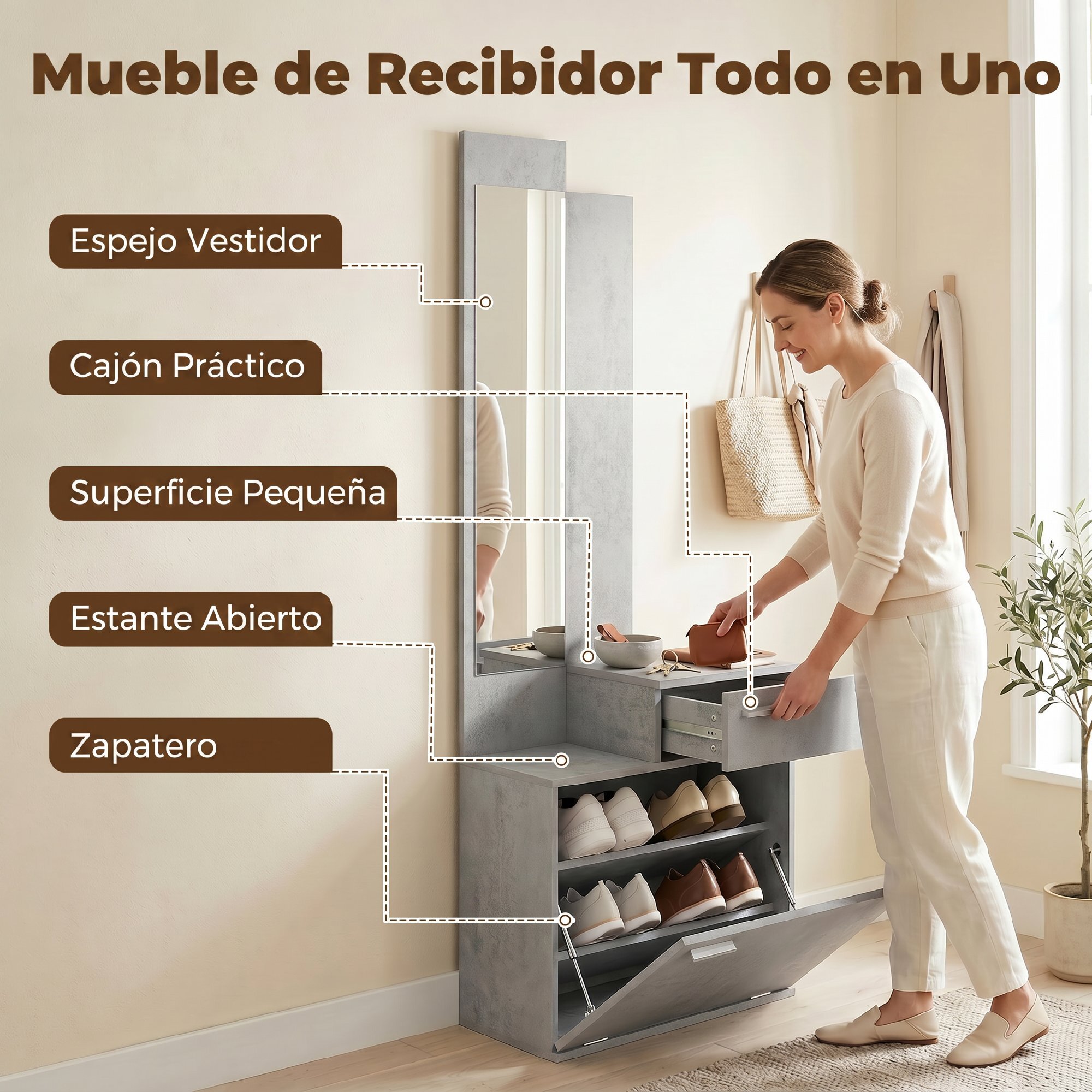 HOMCOM Recibidor de Entrada con Espejo y Zapatero Abatible, Mueble Recibidor de 2 Piezas con Asiento, Cajón, Mesa Pequeña para Pasillo, 61x30x170 cm, Gris