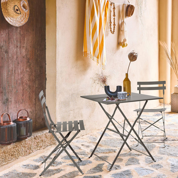 Table de jardin bistrot pliante métal + 2 assises kaki 70 x 70cm. acier thermolaqué