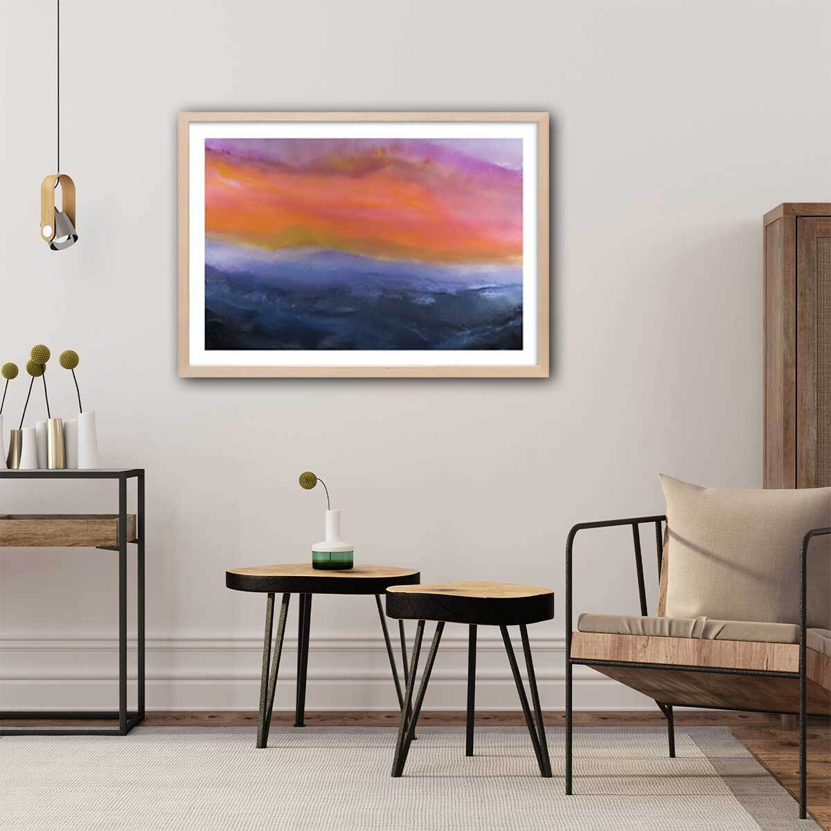 Poster orange bleue Affiche + cadre en bois - Chêne