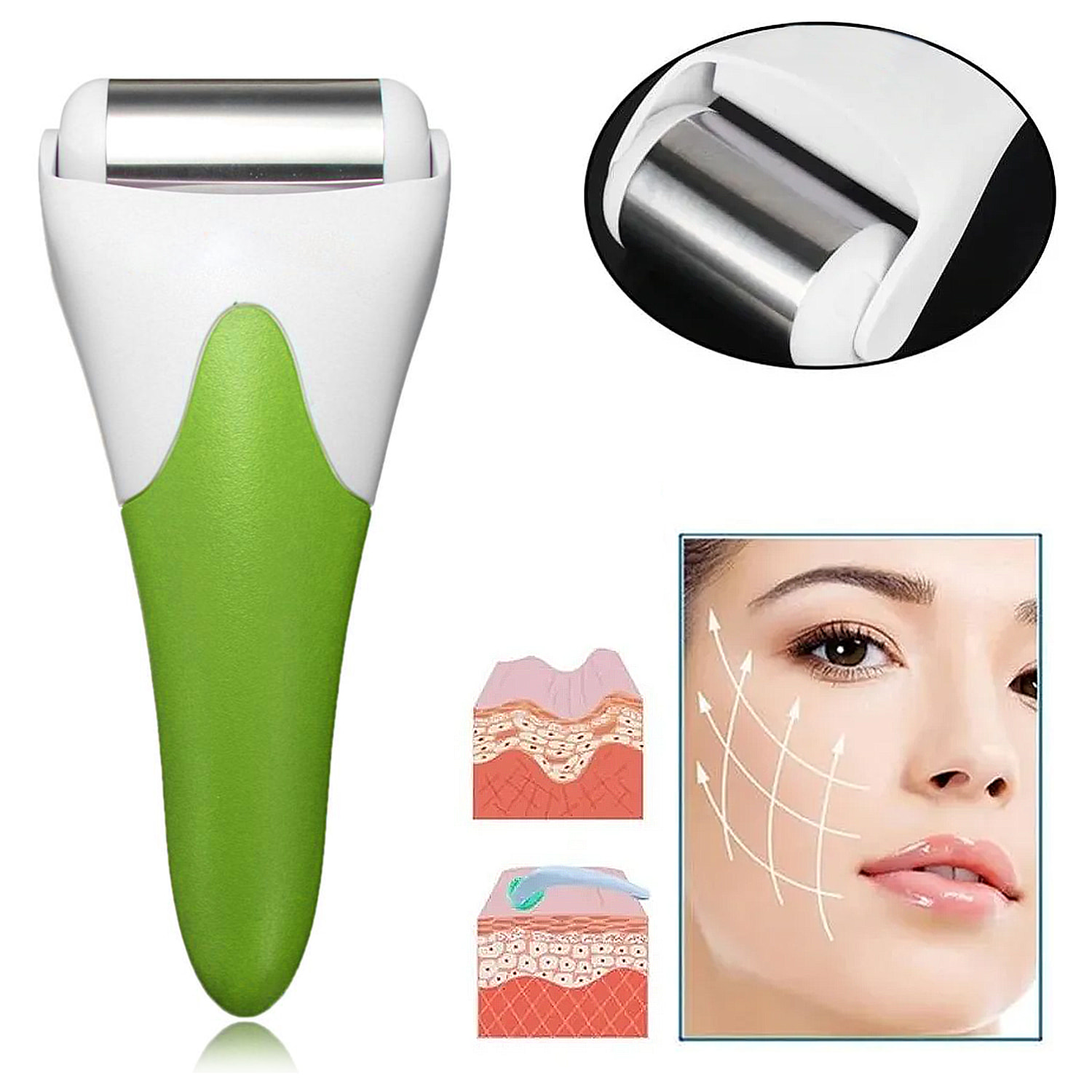 Rodillo de hielo facial, instrumento de masaje y cuidado. Rueda de acero inoxidable.