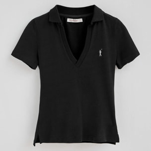 Polo nera in cotone e lino senza bottoni con ricamo Rigby Go