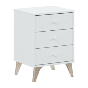 Comodino Attina, Comodino a 3 cassetti, Tavolino da notte, 40x34h56 cm, Bianco e Rovere