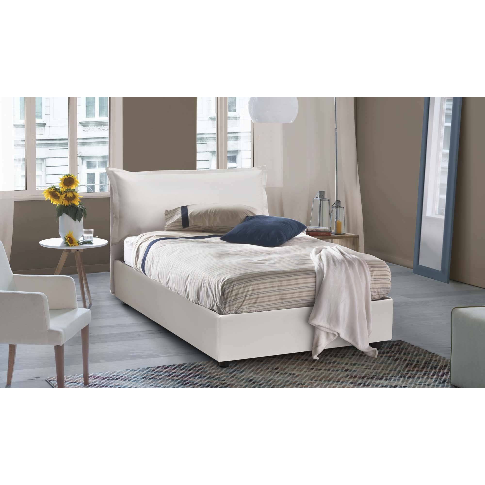 Letto piazza e mezza Latona, Letto contenitore con rivestimento in ecopelle, 100% Made in Italy, Apertura frontale, adatto per materasso Cm 120x190, Bianco
